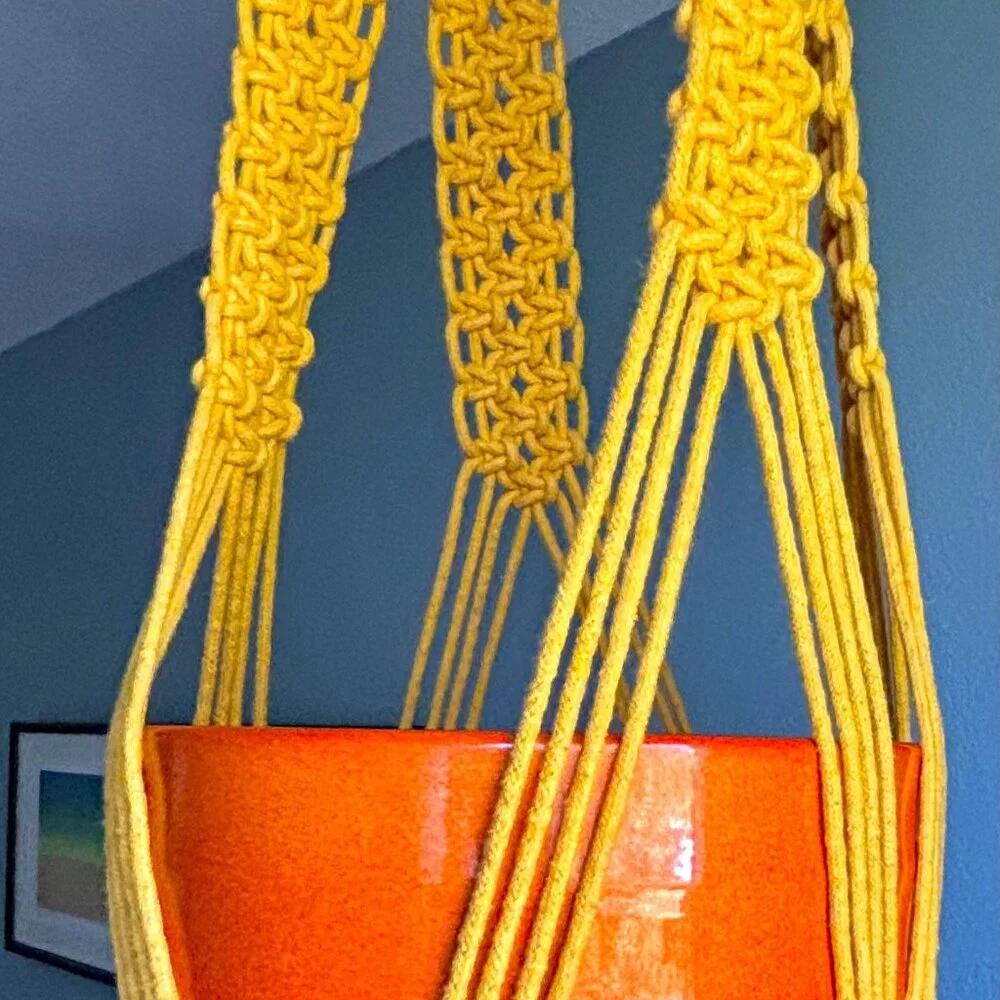 Handcrafted Artisanal Gold Mustard Macramé Plant Pot Hanger Holder Wall Hanging
